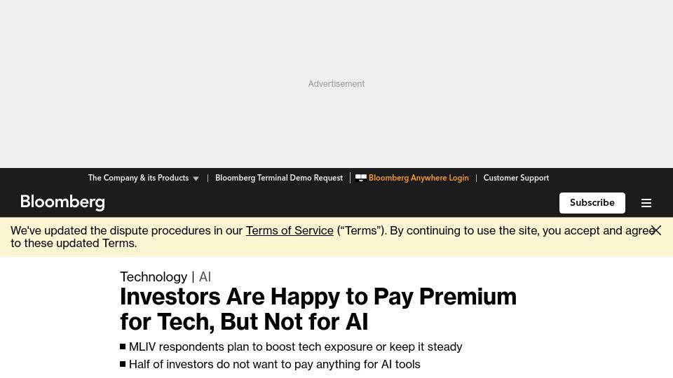 Screenshot of bloomberg.com: Investors are happy to pay premium for tech, but not for AI