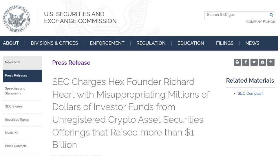 Screenshot of sec.gov: SEC Charges Hex Founder Richard Heart with Misappropriating Millions of Dollars