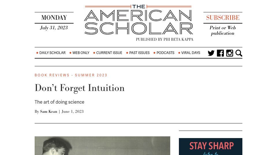 Screenshot of theamericanscholar.org: Don’t Forget Intuition: The art of doing science