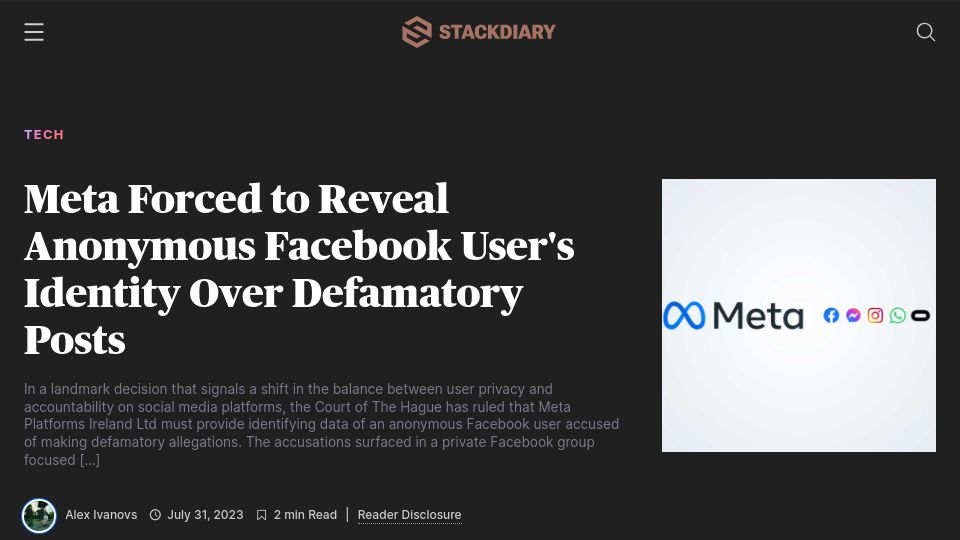 Screenshot of stackdiary.com: Meta Forced to Reveal Anonymous Facebook User's Identity