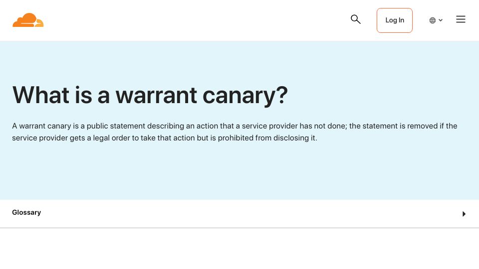 Screenshot of cloudflare.com: CloudFlare’s last Warrant Canary was published over a year ago