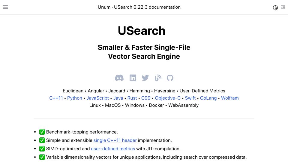 Screenshot of unum-cloud.github.io: USearch: Smaller and faster single-file vector search engine