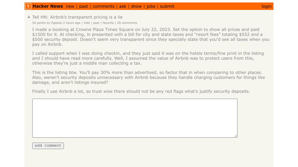 Screenshot of Hacker News post: Tell HN: Airbnb’s transparent pricing is a lie