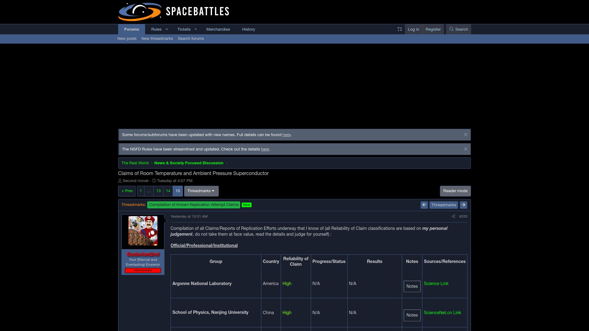 Screenshot of forums.spacebattles.com: Compilation of Known LK-99 Replication Attempt Claims