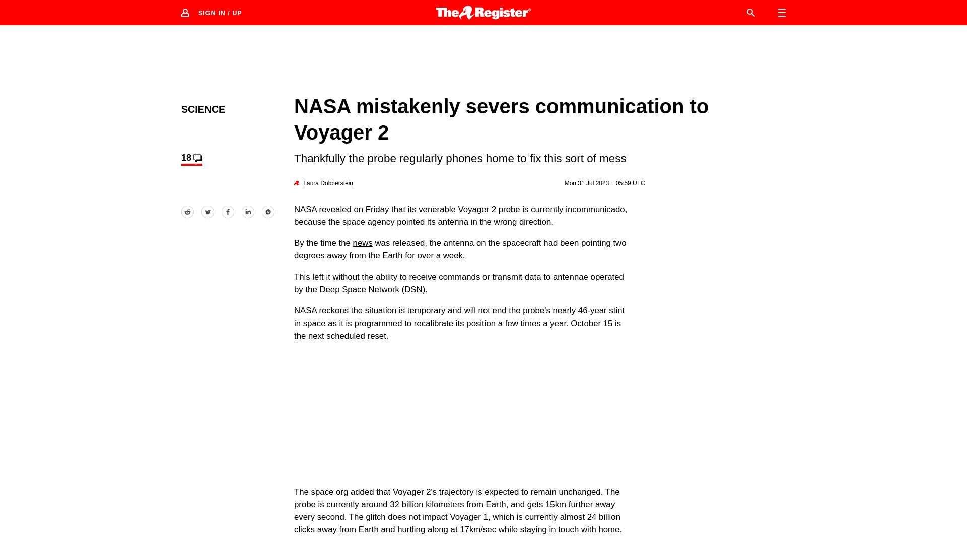 Screenshot of theregister.com: NASA mistakenly severs communication to Voyager 2