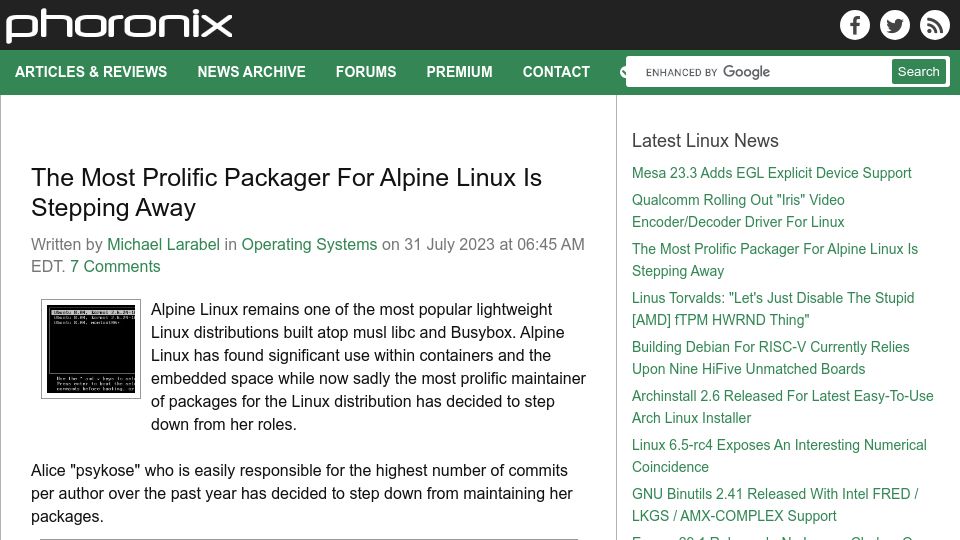 Screenshot of phoronix.com: The most prolific packager for Alpine Linux is stepping away