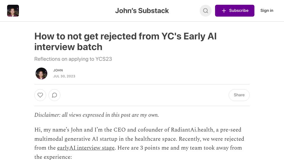 Screenshot of hermitian.substack.com: How to not get rejected from YC's Early AI interview batch