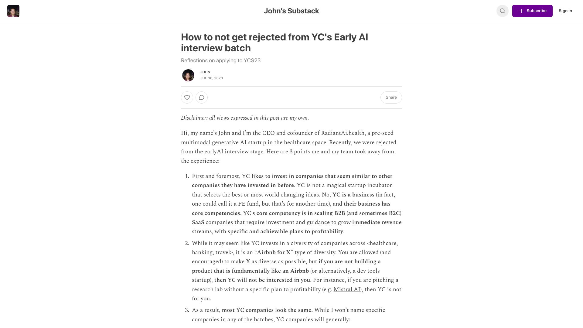 Screenshot of hermitian.substack.com: How to not get rejected from YC's Early AI interview batch