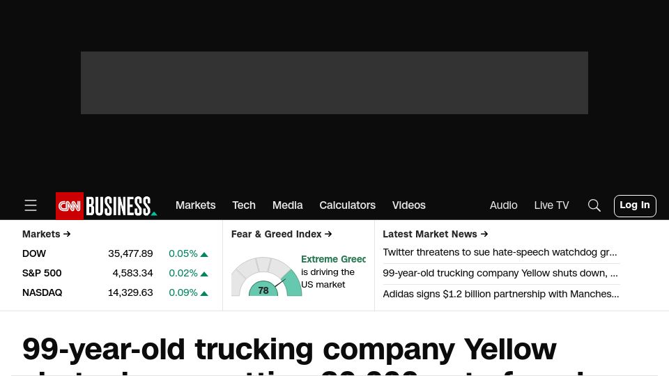 Screenshot of cnn.com: 99-year old trucking company Yellow shuts down, putting 30k out of work