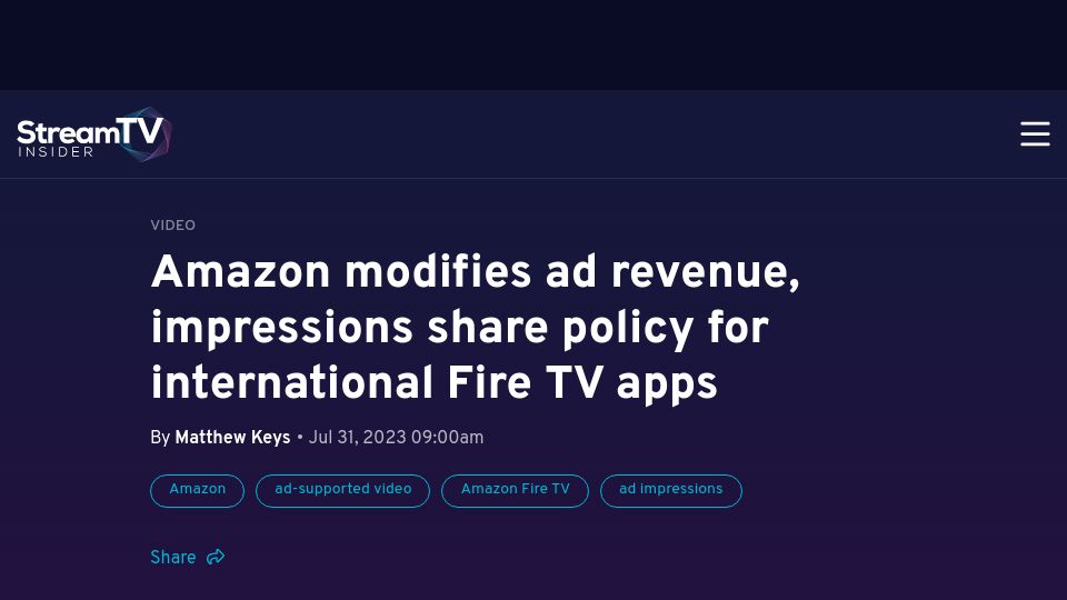 Screenshot of streamtvinsider.com: Amazon requires services on Fire TV to give it 30% of ad impressions or revenue