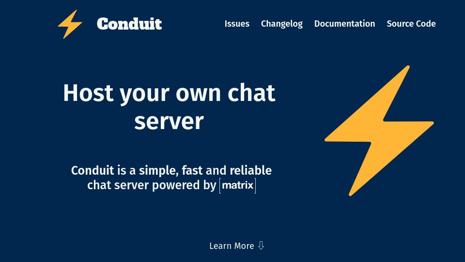 Screenshot of conduit.rs: Conduit: Simple, fast and reliable chat server powered by Matrix