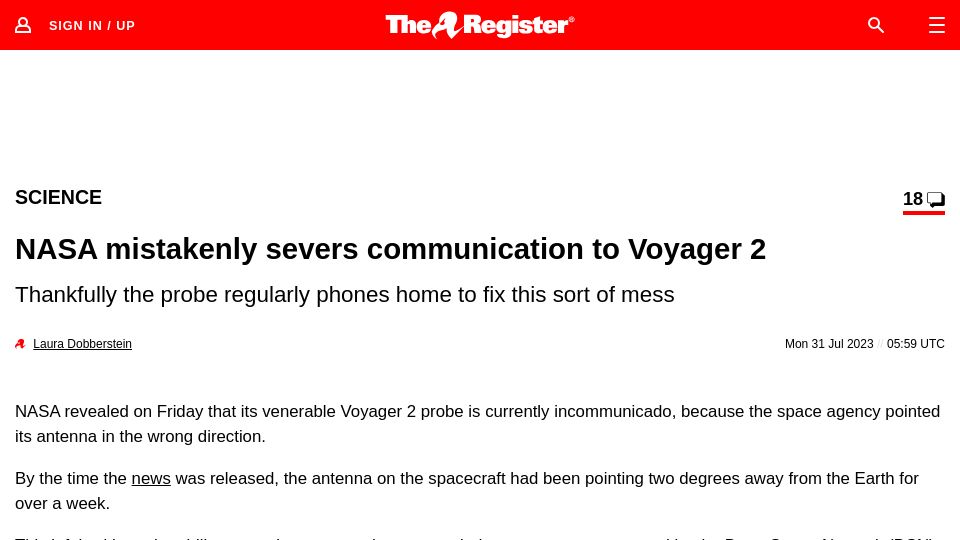 Screenshot of theregister.com: NASA mistakenly severs communication to Voyager 2