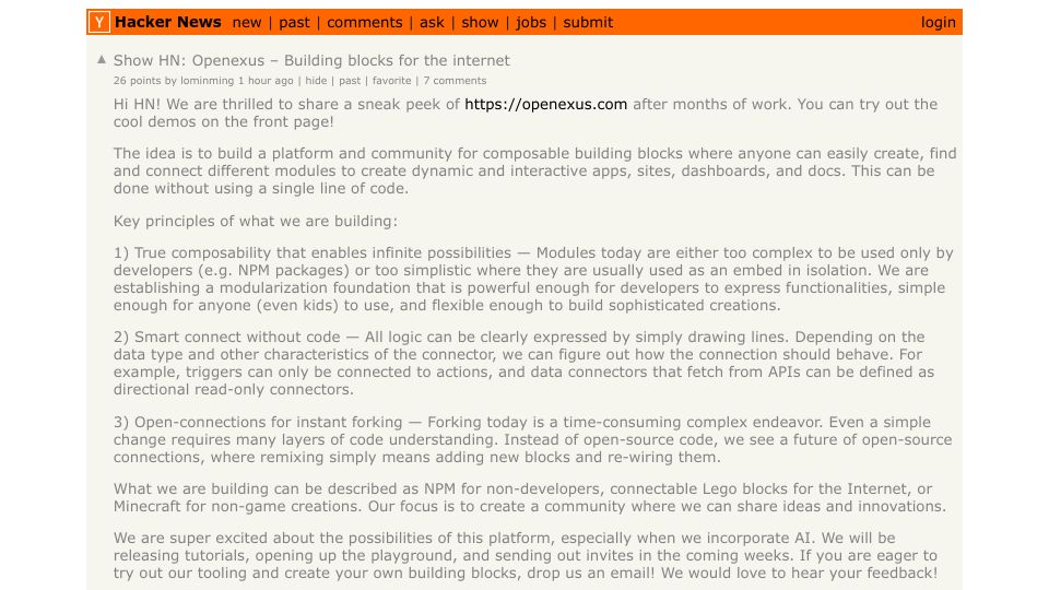 Screenshot of Hacker News post: Show HN: Openexus – Building blocks for the internet