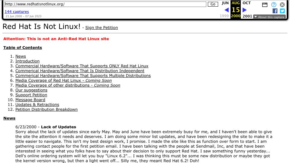 Screenshot of web.archive.org: Red Hat Is Not Linux (2000)