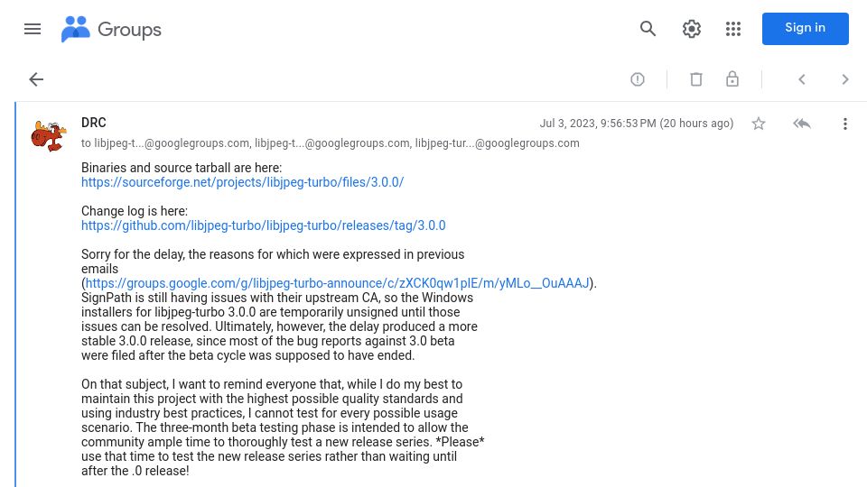 Screenshot of groups.google.com: libjpeg-turbo 3.0 has been released, and why there may never be a 3.1