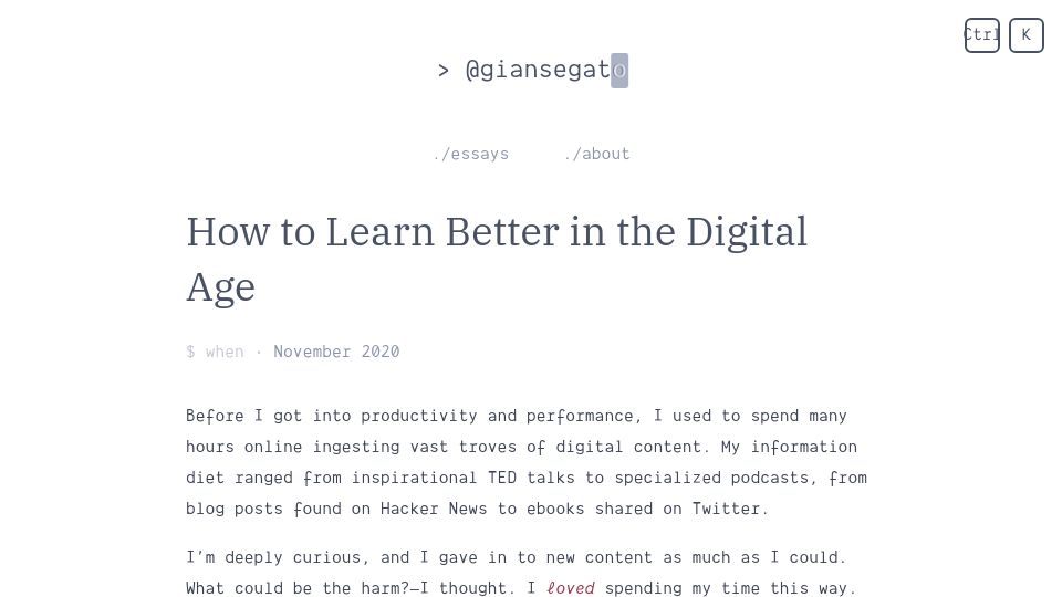 Screenshot of giansegato.com: Learning needs to be effortful to be effective