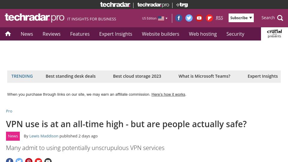 Screenshot of techradar.com: VPN use is at an all-time high – but are people safe?