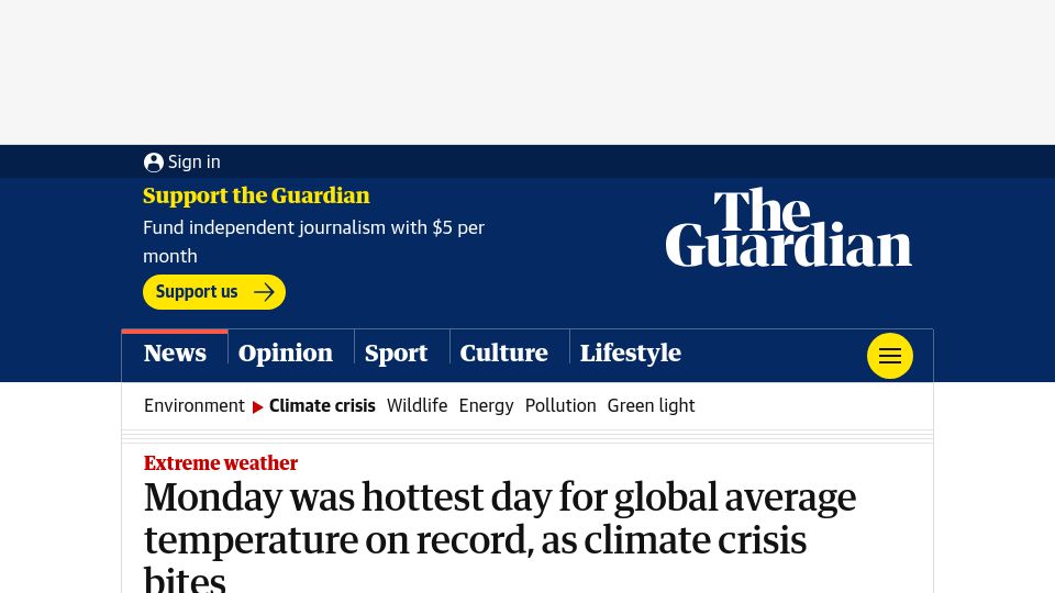 Screenshot of theguardian.com: Monday was hottest day for global average temperature, as climate crisis bites