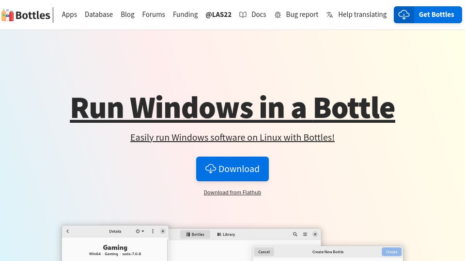 Screenshot of usebottles.com: Bottles – Easily run Windows software on Linux