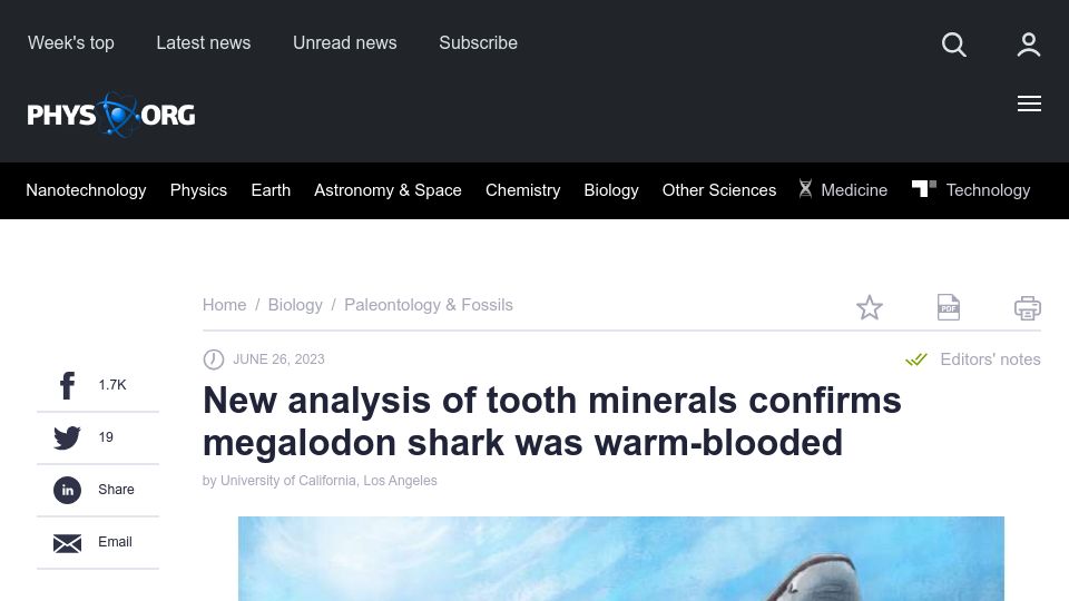 Screenshot of phys.org: New analysis of tooth minerals confirms megalodon shark was warm-blooded