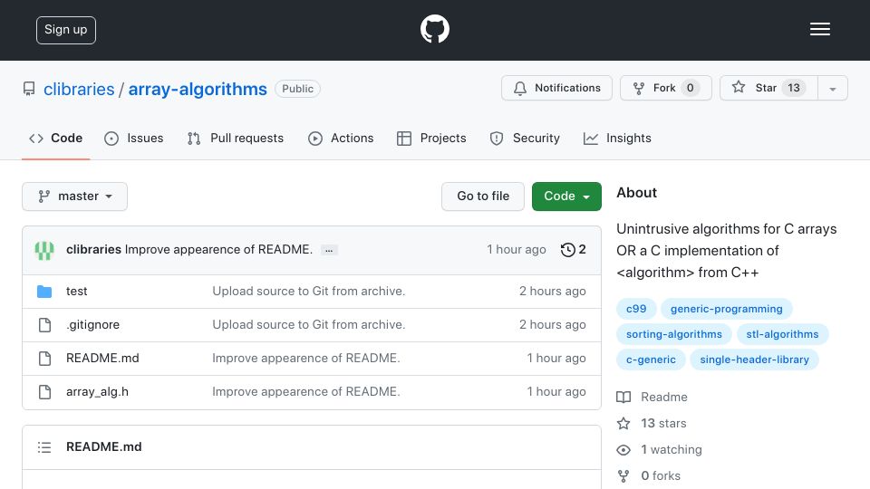 Screenshot of github.com: A header-only C implementation of C++ <algorithm>
