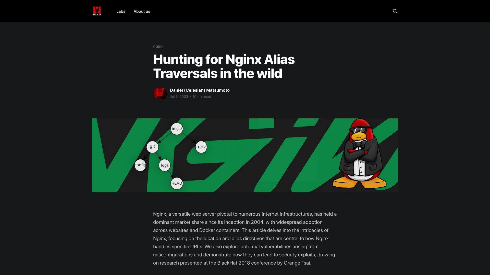Screenshot of labs.hakaioffsec.com: Leaking Bitwarden's Vault with a Nginx vulnerability