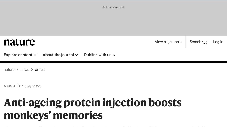 Screenshot of nature.com: Anti-ageing protein injection boosts monkeys’ memories
