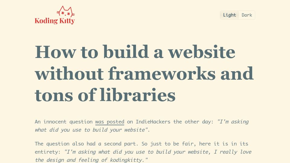 Screenshot of kodingkitty.com: How to build a website without frameworks and tons of libraries