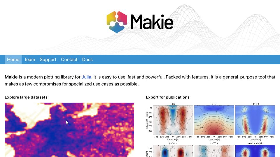 Screenshot of makie.org: Makie, a modern and fast plotting library for Julia