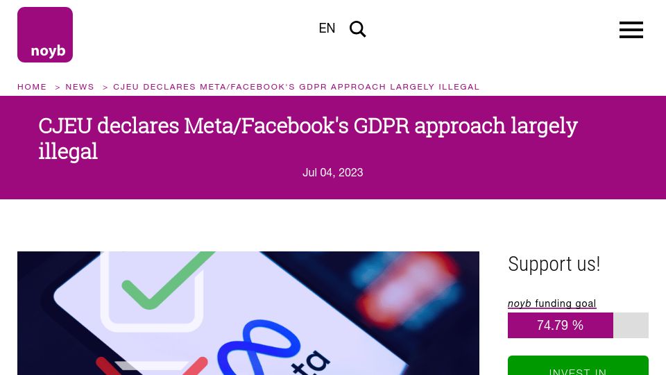 Screenshot of noyb.eu: CJEU declares Meta's GDPR approach illegal