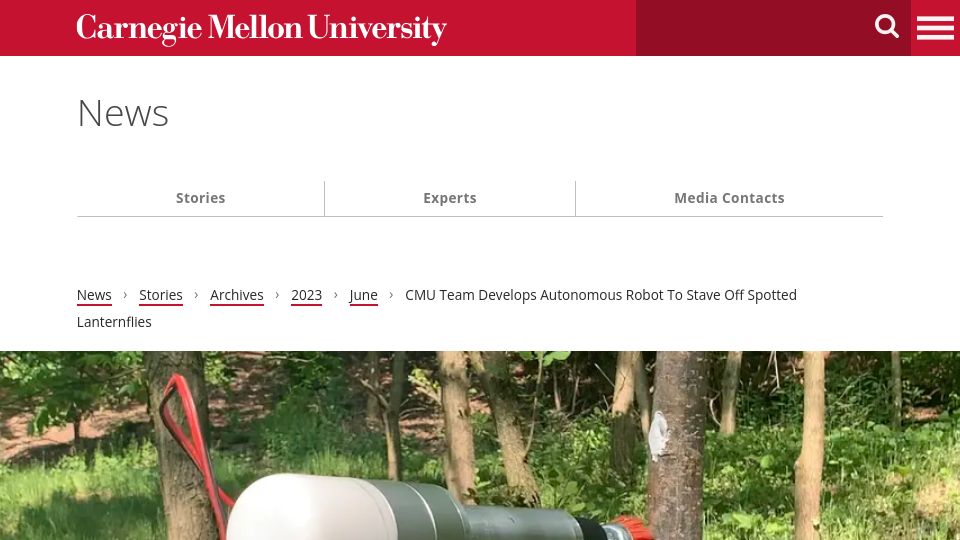 Screenshot of cmu.edu: Autonomous robot to stave off spotted lanternflies