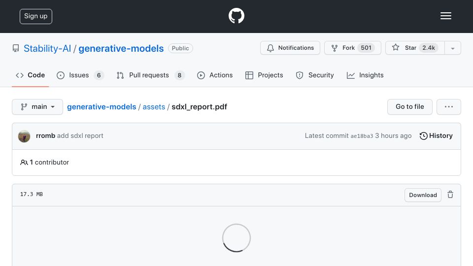 Screenshot of github.com: Stable Diffusion XL technical report [pdf]