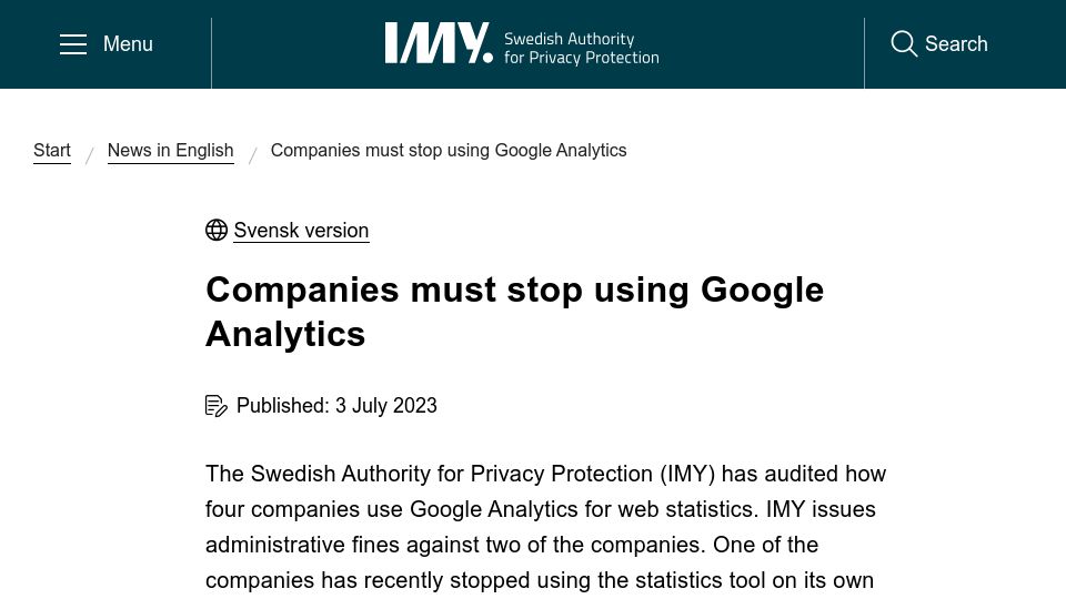 Screenshot of imy.se: Companies must stop using Google Analytics