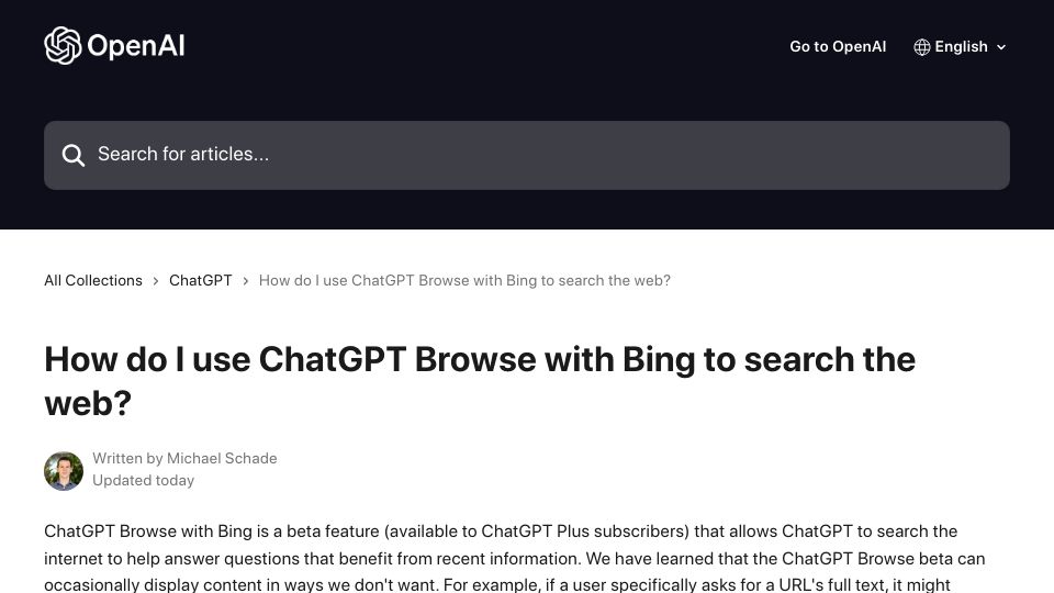 Screenshot of help.openai.com: OpenAI temporarily disables the Browse with Bing beta feature