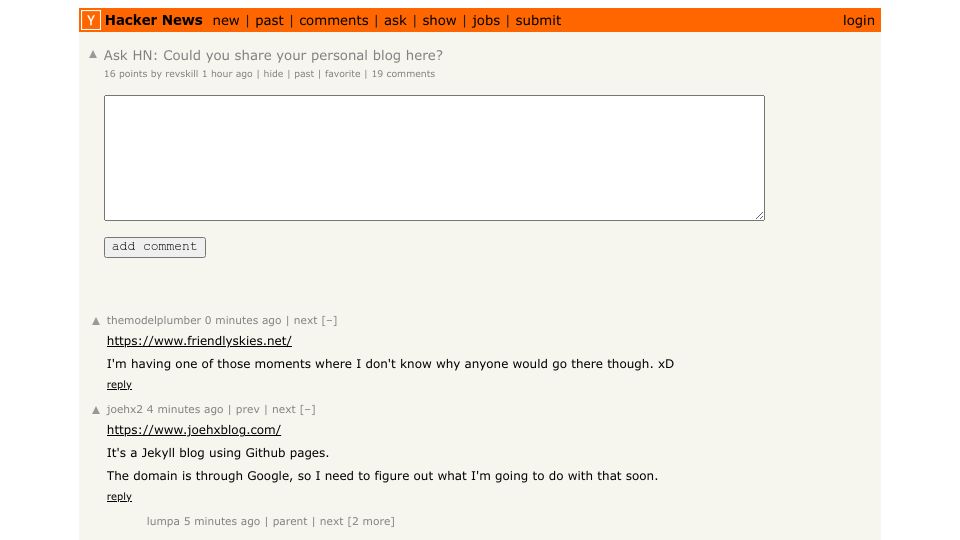 Screenshot of Hacker News post: Ask HN: Could you share your personal blog here?