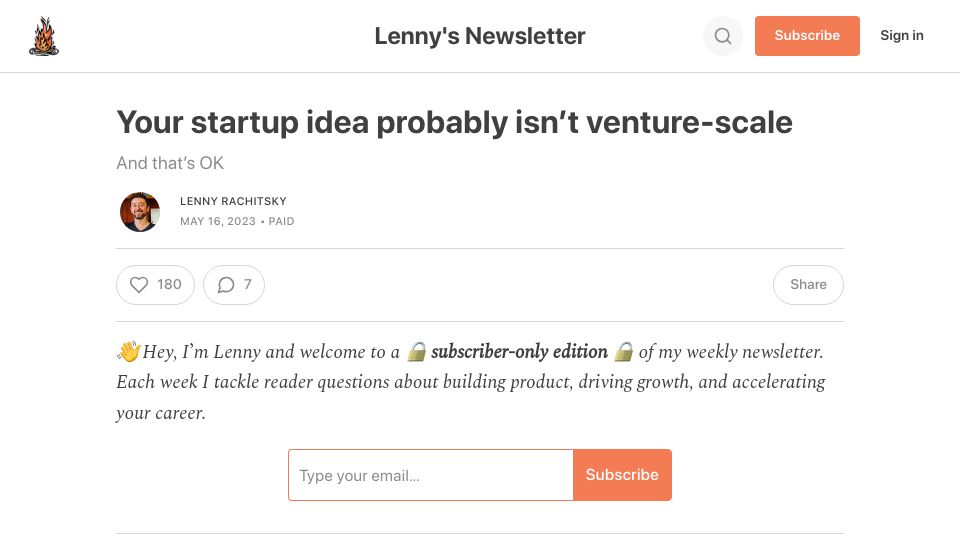 Screenshot of lennysnewsletter.com: Your startup idea probably isn’t venture-scale