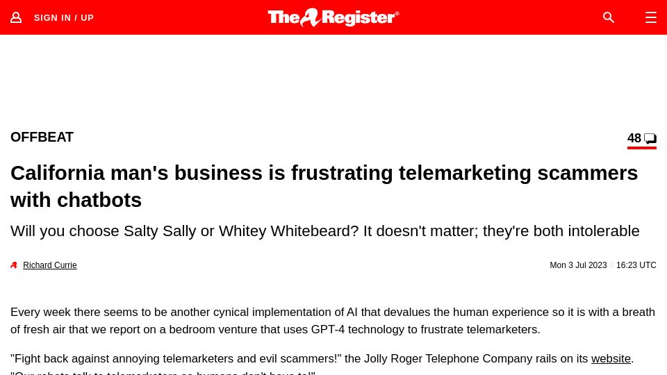 Screenshot of theregister.com: GPT-4 is great at infuriating telemarketing scammers