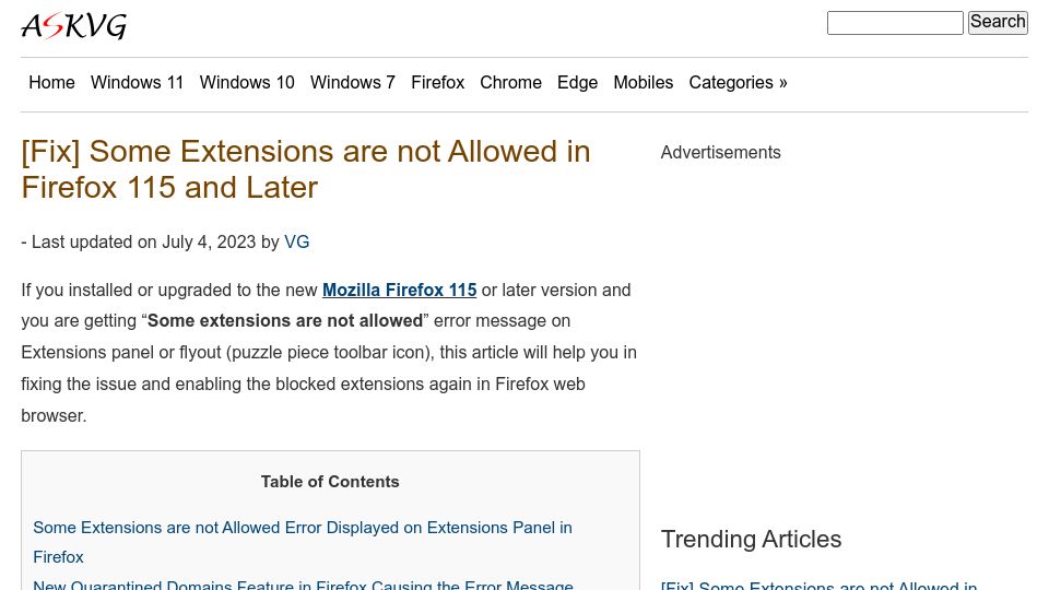 Screenshot of askvg.com: Mozilla restricts extensions on some domains on Firefox 115