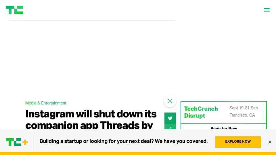 Screenshot of techcrunch.com: Instagram will shut down its companion app Threads by year end (2021)