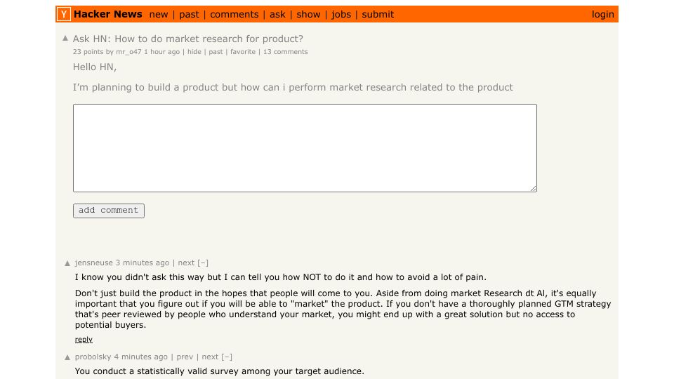 Screenshot of Hacker News post: Ask HN: How to do market research for product?