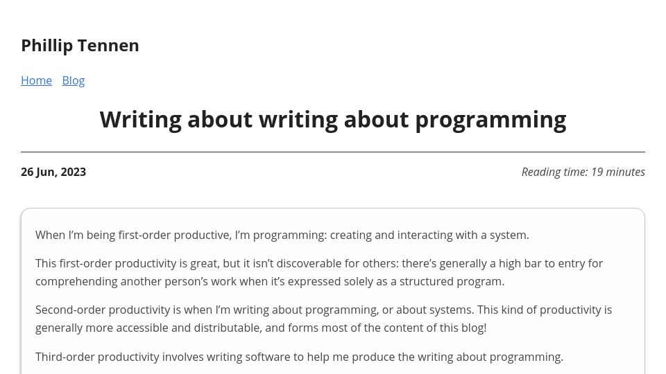 Screenshot of axleos.com: Writing about writing about programming