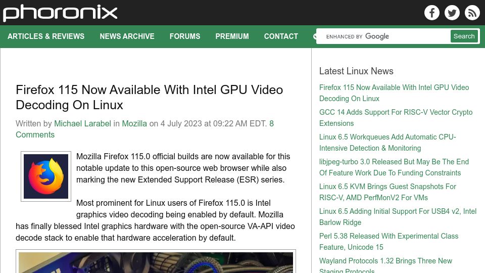 Screenshot of phoronix.com: Firefox 115 Now Available with Intel GPU Video Decoding on Linux