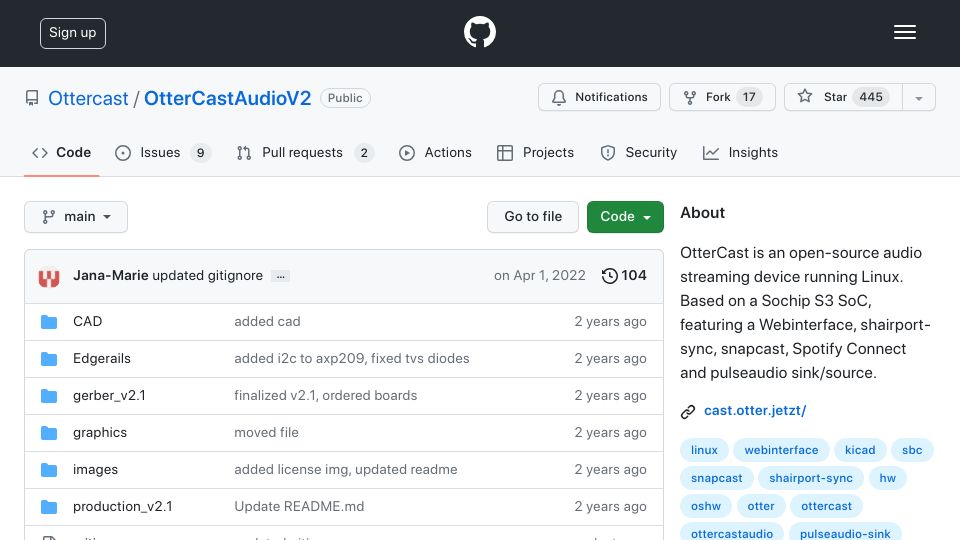 Screenshot of github.com: OtterCast: FOSS Audio streaming device running Linux using Sochip S3 SiP