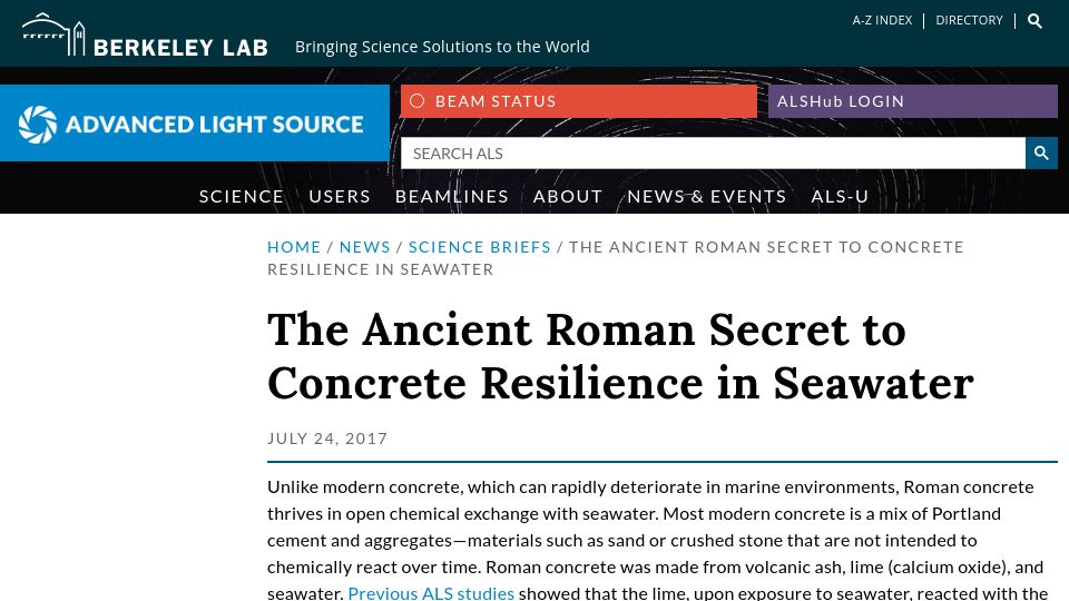 Screenshot of als.lbl.gov: The ancient Roman secret to concrete resilience in seawater (2017)