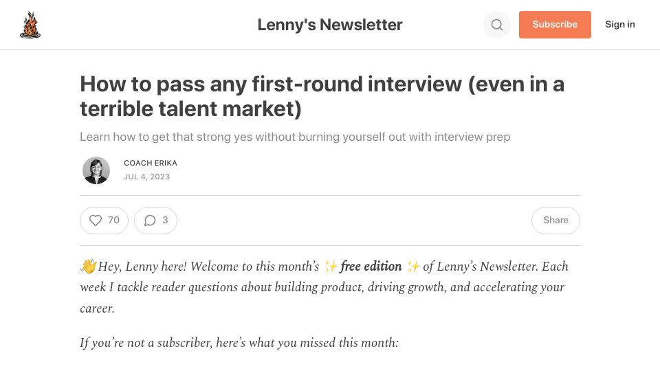 Screenshot of lennysnewsletter.com: How to pass a first-round interview
