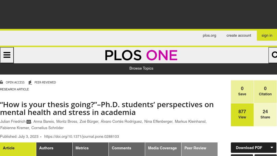 Screenshot of journals.plos.org: “How is your thesis going?” Students’ perspectives on mental health and stress
