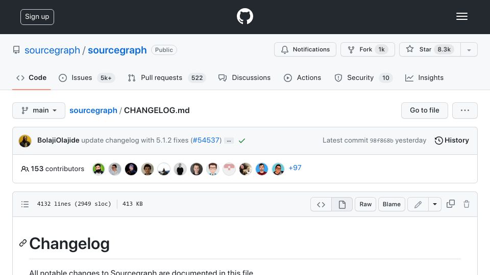 Screenshot of github.com: Sourcegraph is no longer open source