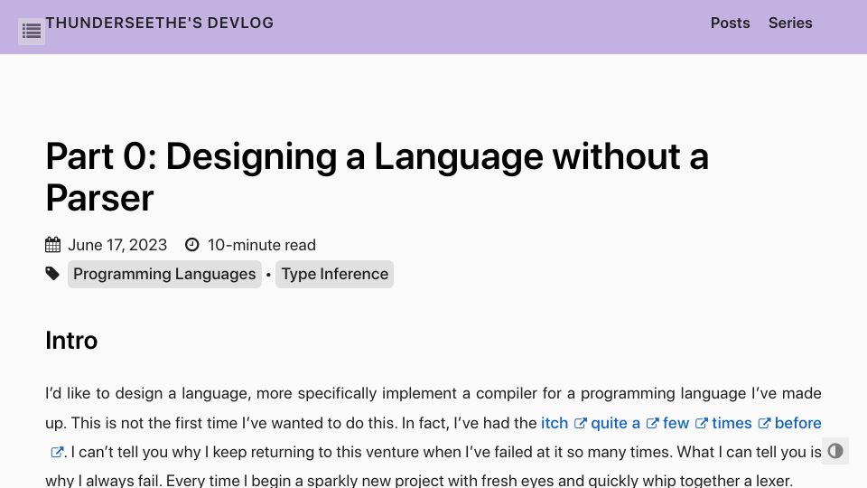 Screenshot of thunderseethe.dev: Designing a Language Without a Parser