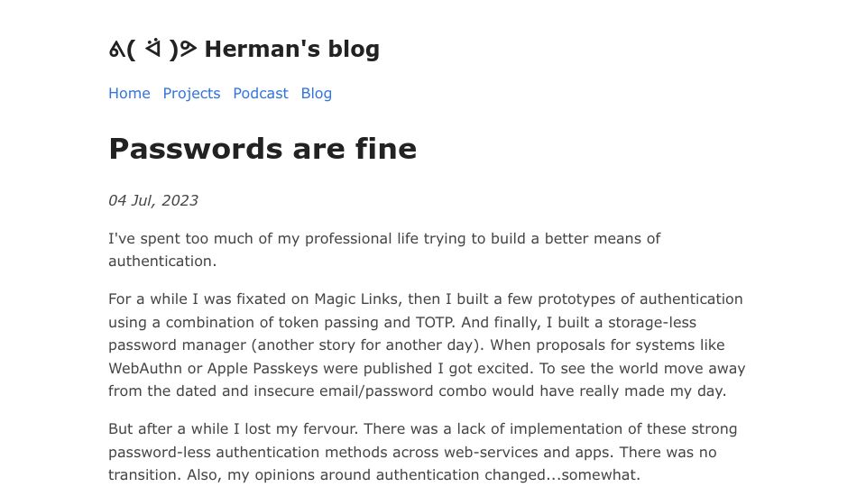 Screenshot of herman.bearblog.dev: Passwords Are Fine