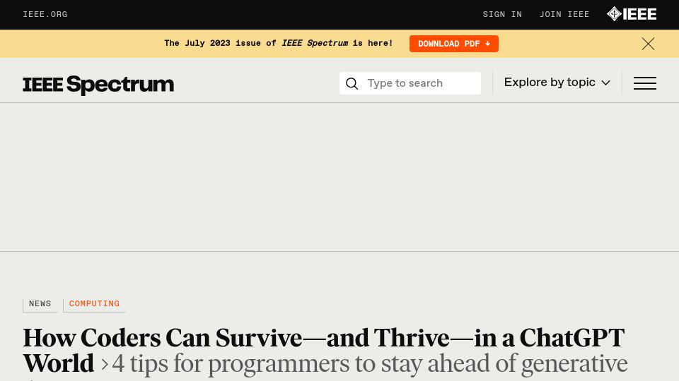 Screenshot of spectrum.ieee.org: Tips for programmers to stay ahead of generative AI